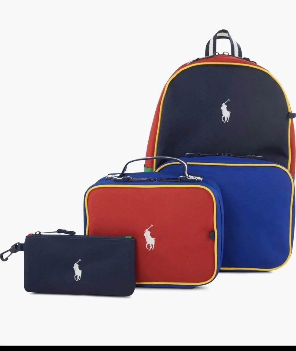 Polo Ralph Lauren Colorblock Youth Combo Pack Backpack Lunch Box & Pencil Case